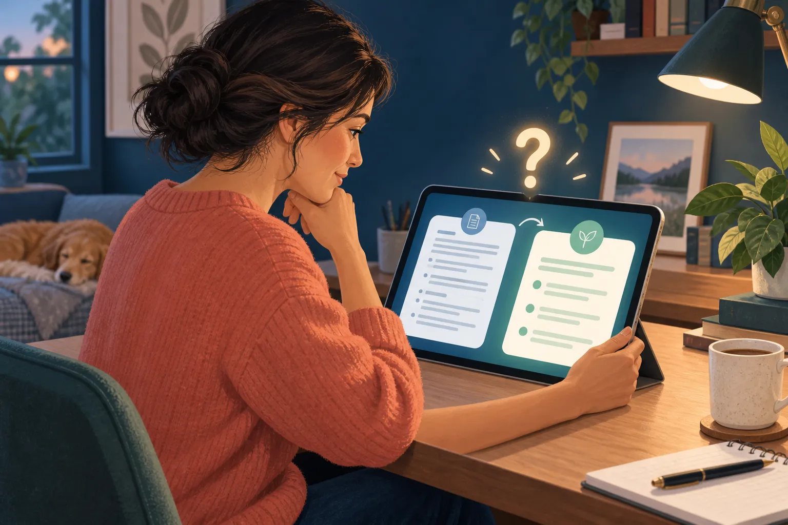 Caregiver reviewing an abstract medical note and plain-language explanation on a tablet