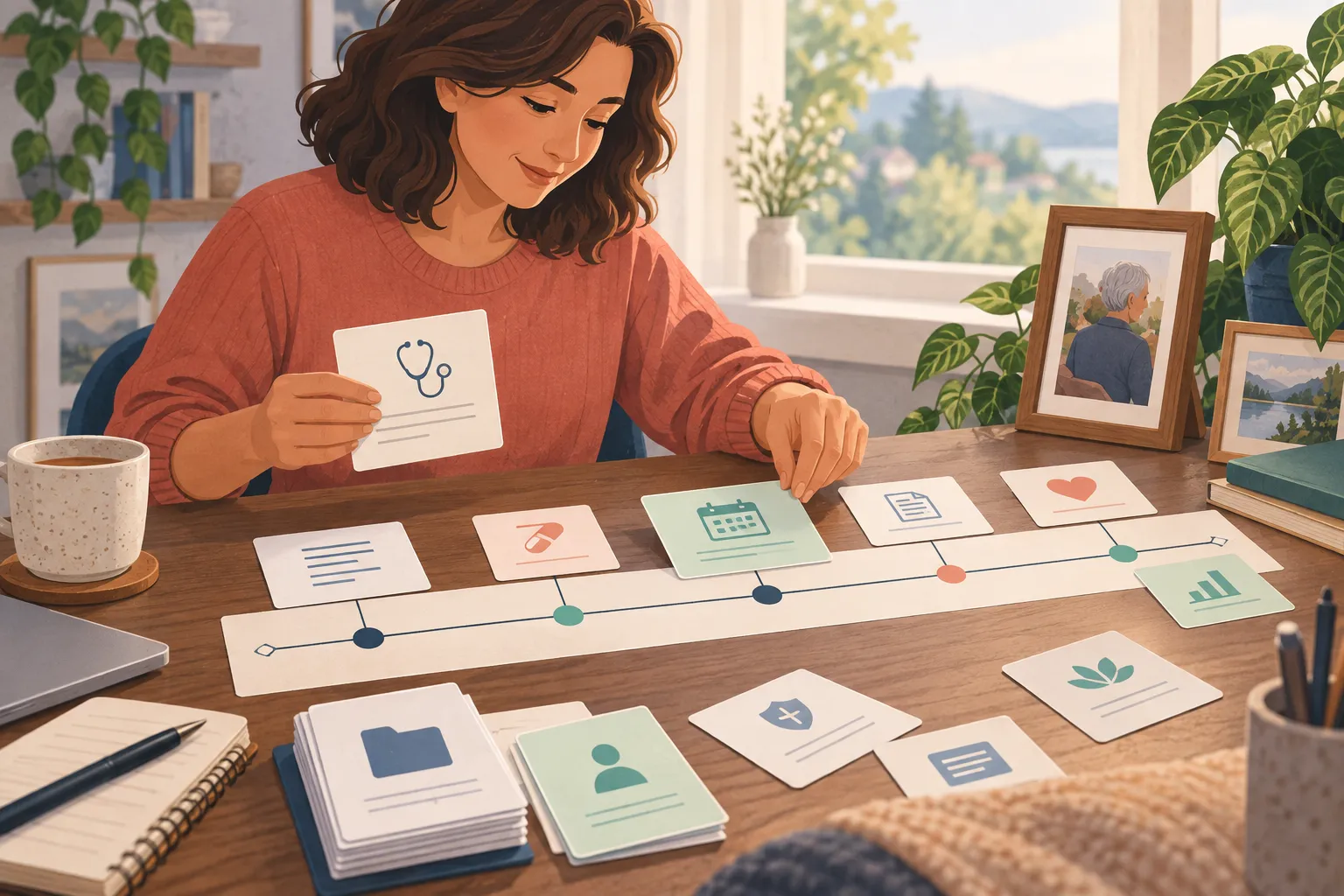 Adult child organizing medical records into a chronological timeline for an aging parent